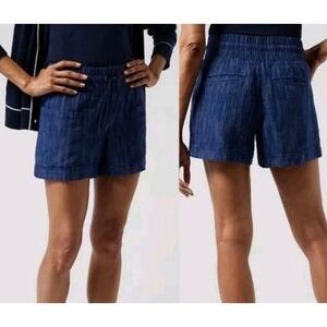 Athleta Cabo Linen Textured Shorts Elastic Drawstring Waist Blue Size 12